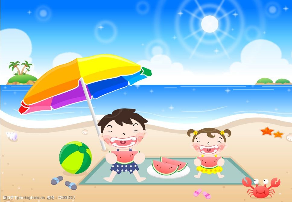 沙滩儿童吃西瓜图片